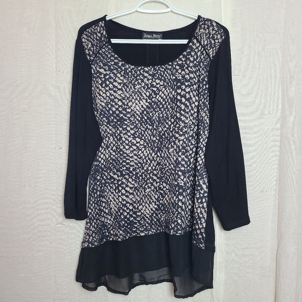 Tango Mango Women's Black Taupe Animal Print Ruffled Mesh Classic Top